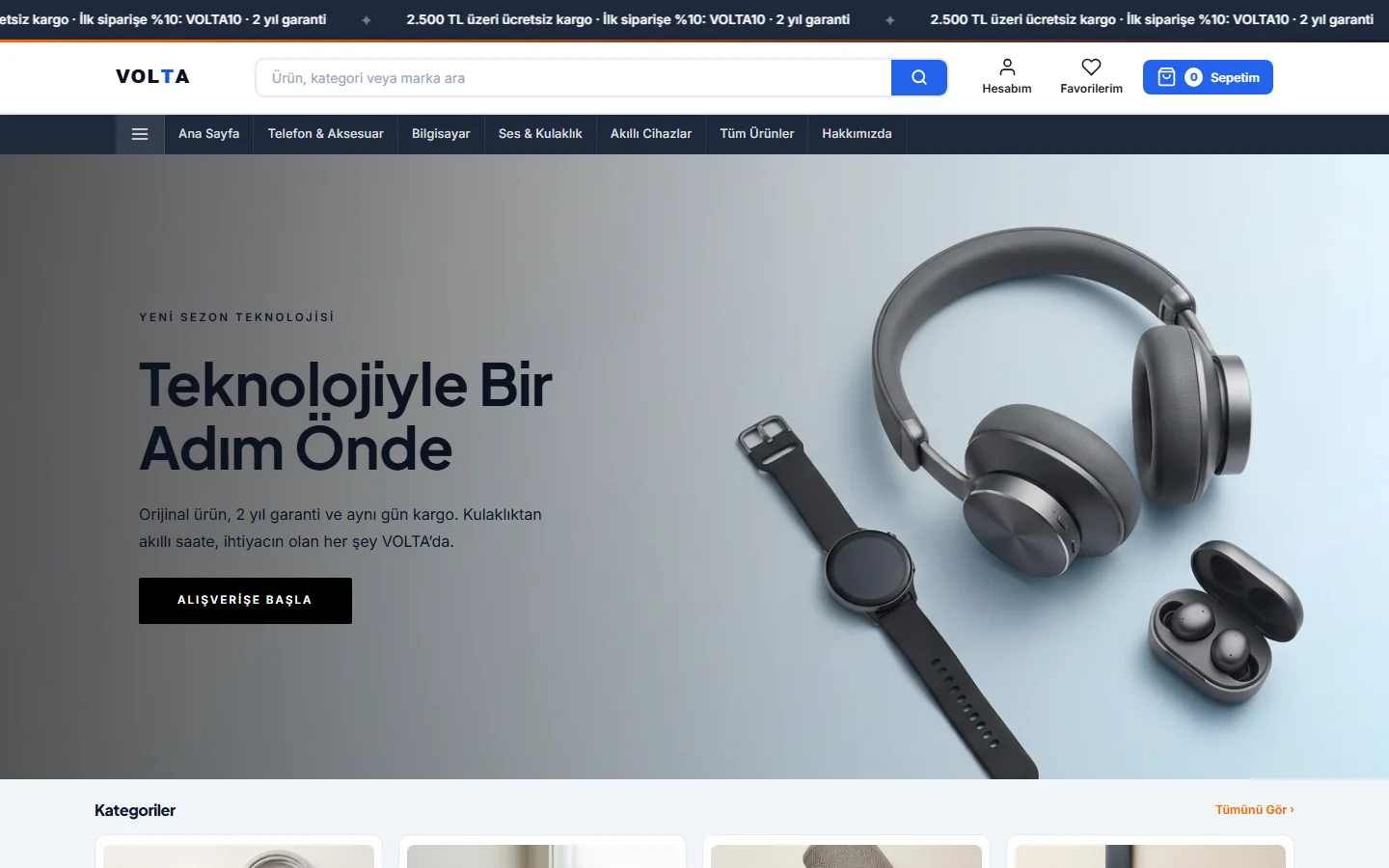VOLTA örnek mağaza ana sayfası